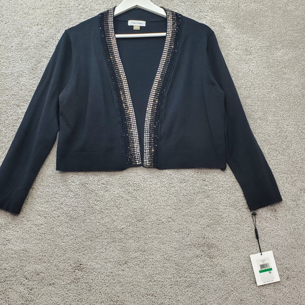 Calvin Klein Shrug Women L Black NEW Rhinestone Trim Cropped Cardigan CD4R2RT1